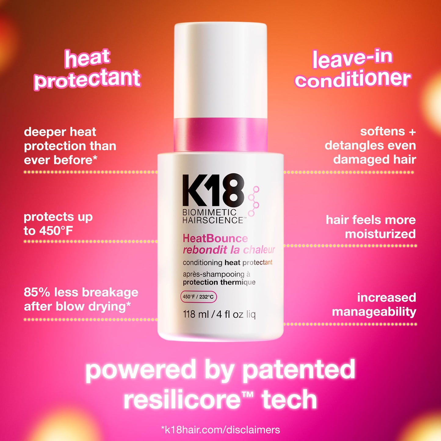 K18 HeatBounce Conditioning Heat Protectant Spray, Lightweight Leave-In Conditioner + 450℉ (232°C) Heat Protection, Soften, Smooth + Detangle All Hair Types, 4 Fl Oz Liq
