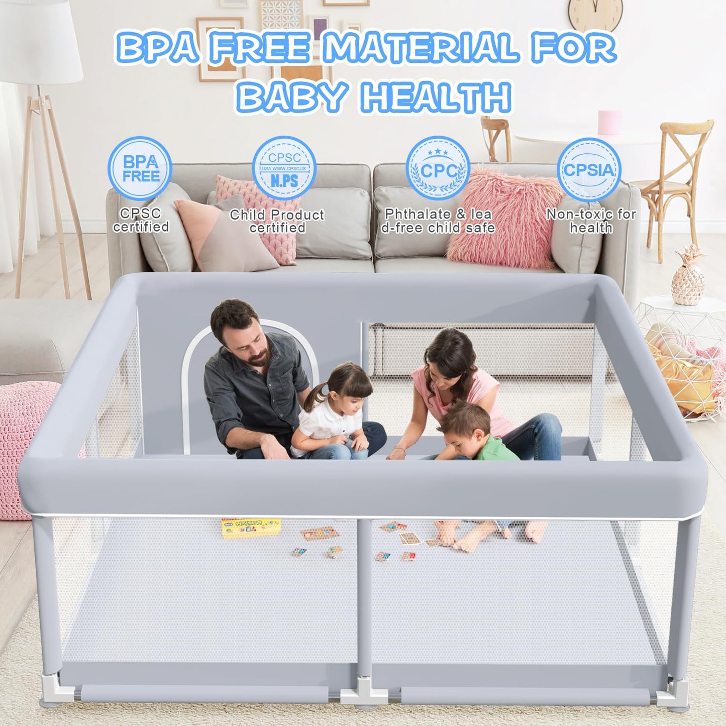 XVISHX Baby Playpen 50 x 50 Inch Play Pen Playards, Playpen for Babies and Toddlers, Baby Playard for Indoor & Outdoor Active Center Game Fence, with Skin-Friendly Fabric and Soft Breathable Mesh Grey