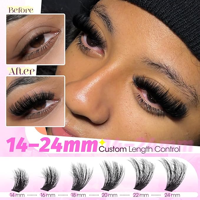 Mega Volume Lash Clusters 14-24mm Fluffy Wispy Cluster Eyelash Extensions D Curl Individual Lashes Dramatic Thick 260D Cluster Lashes DIY Lash Extensions for Baddie Makeup by Yawamica