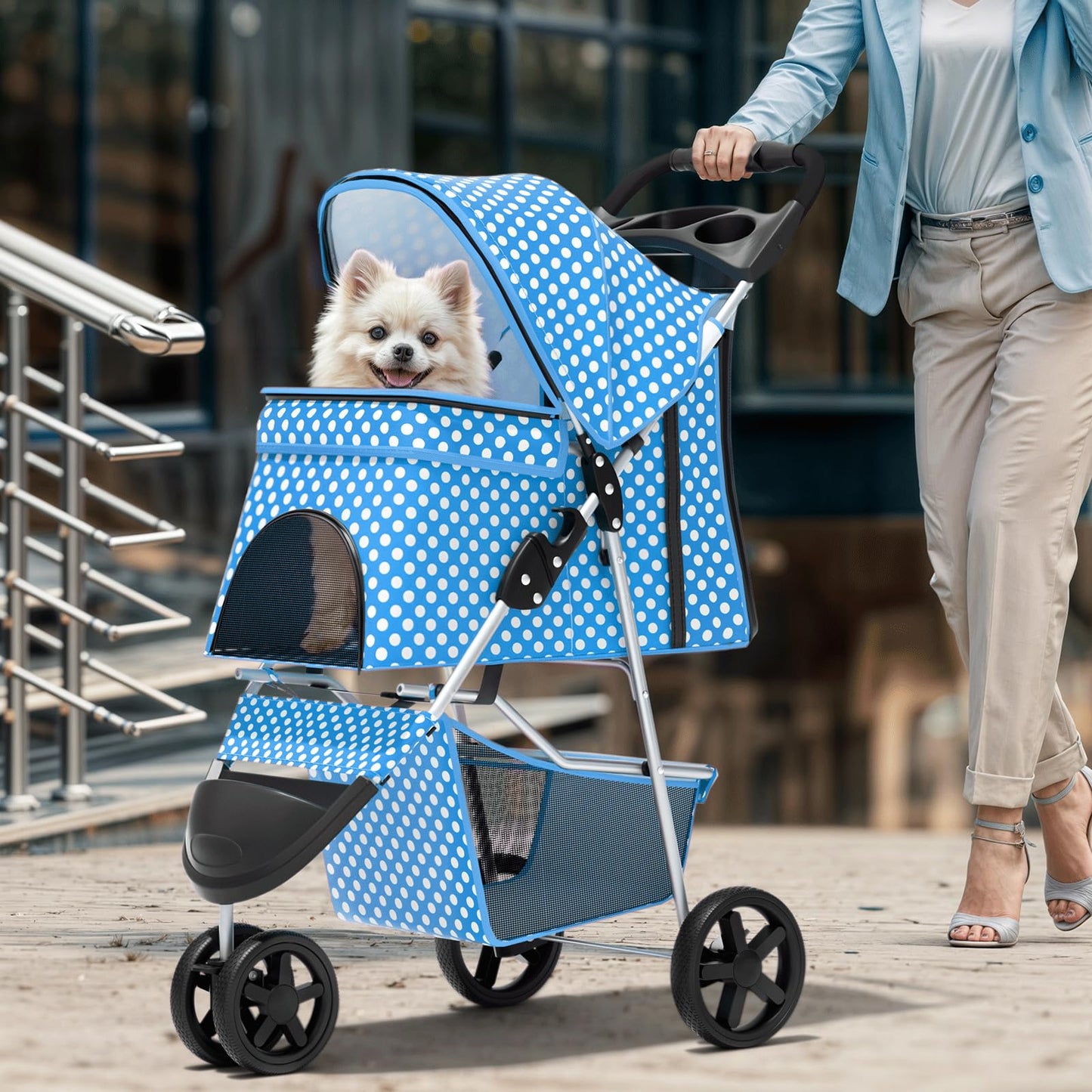 Magshion 3-Wheel Pet Stroller, Foldable Travel Jogger for Small & Medium Dogs & Cats (Up to 33lbs), Lightweight Carrier with Breathable Mesh Cover, Cup Holder & Storage Basket, Sky Blue Polka Dots