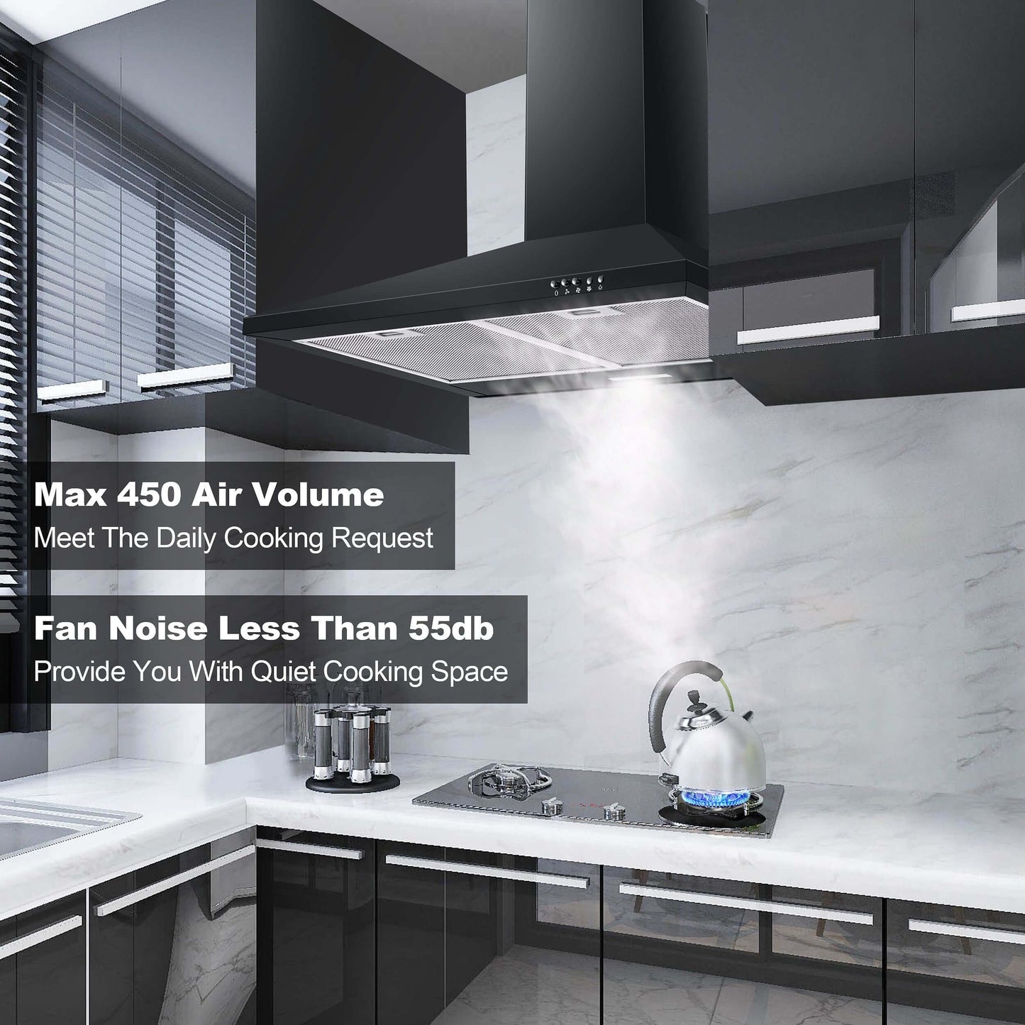 SNDOAS Black Range Hood,Wall Mount Range Hood 30 inch,Stainless Steel Kitchen Hood with Ducted/Ductless Convertible,Stove Vent Hood,Aluminum Filters,3 Speed Exhaust Fan,LED Light,Button Control