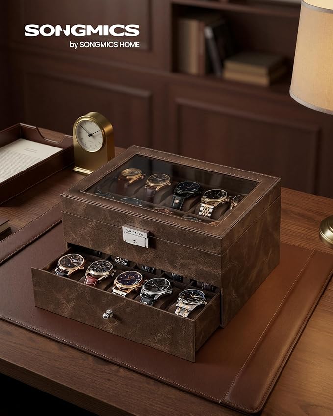 SONGMICS Watch Box, 20-Slot Watch Case Organizer with Large Glass Lid, Removable Pillows, Metal Lock, Gift for Loved Ones, Coffee Brown Synthetic Leather, Coffee Brown Lining UJWB020KZ02S