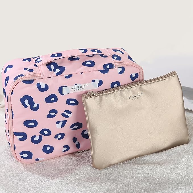 Queboom Travel Makeup Bag Cosmetic Bag Makeup Bag Toiletry bag for women and men (Pink Leopard)