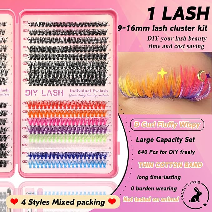 Lash Clusters Kit, 560 Pcs Eyelashes Clusters Kit 9-16mm Individual Lash Extension Kit D Curl Fluffy Wispy False Eyelashes (30D+40D+50D+40D Colored, Lash Clusters)