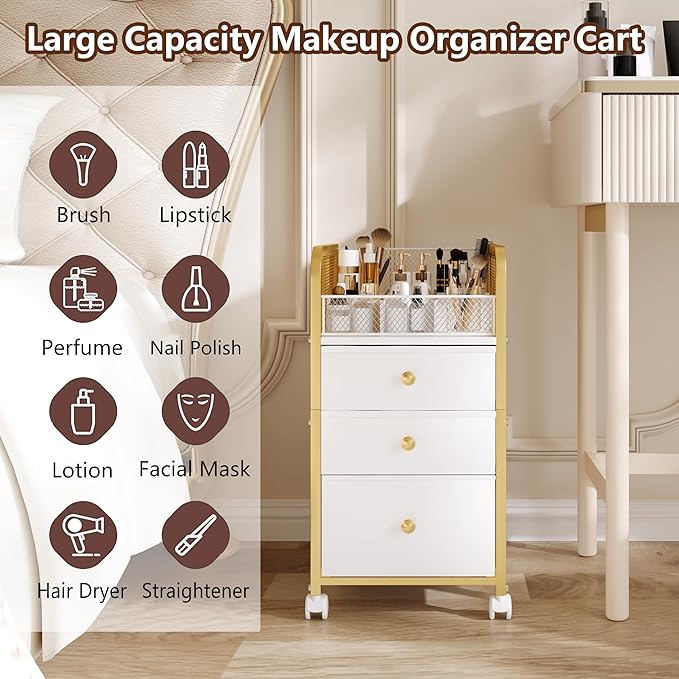 Rolling Makeup Organizer Cart with 3 Drawers, Under Desk Vanity Makeup Storage Cart, Bathroom Storage Cart Cosmetic Display Cases Cabinet for Nail Polish, Brushes & Hair Tools, Gold