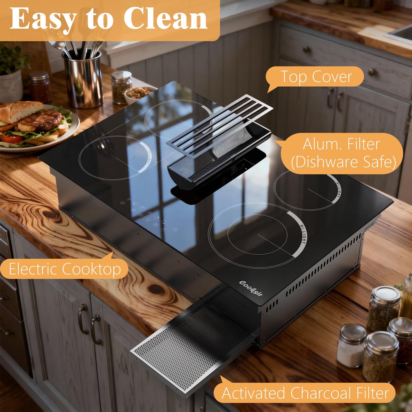 Cooksir 30 Inch Electric Cooktop with Ductless Downdraft - 4 Burner Built-in Stove 7400W, 30" Electric Stove Downdraft Range Hood 135W, Timer, Safety Lock, 220V Hard Wired, Recirculating Air Vent