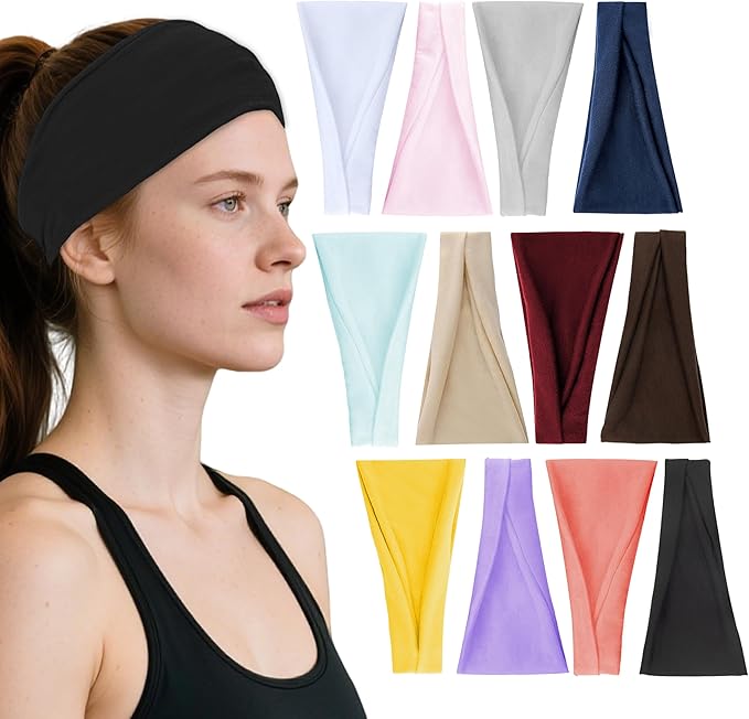 Headbands for Women, 12PCS Wide Stretchy Sports Hair Bands, Elastic Soft Fashion Head Bands, Non-Slip Running Sweatbands for Fashion, Washing Face, Workouts, Yoga, Daily Use