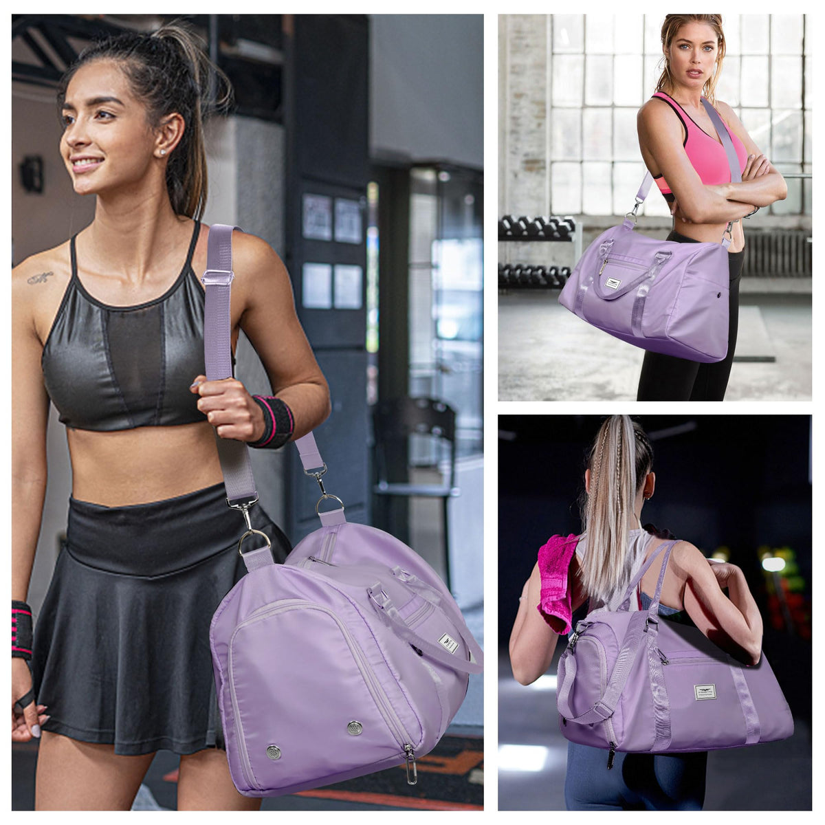 FIORETTO Womens Gym Tote Duffle Bag with Wet Pocket & Shoe Compartment, Sports Duffel Overnight Weekender Hospital Workout Carry on Bag for Girls, Ideal for Travel, Swimming, Dance, Ballet Purple