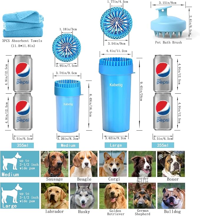 Dog Paw Cleaner Kit for L/XL Dogs - Quick Clean No Full Bath, 2-in-1 Paw Wash Cup with Detachable Silicone Brush Head, Includes Bath Brush & 3 Absorbent Towels, Blue