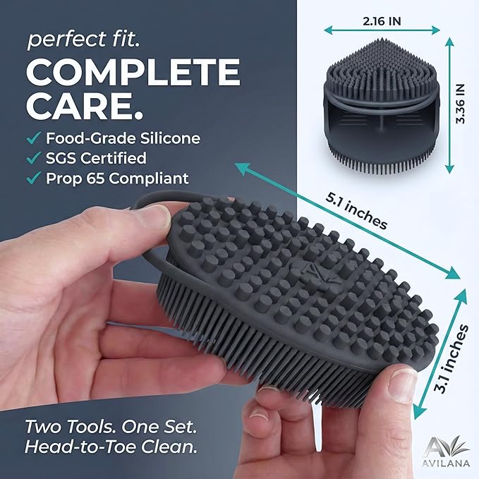 Avilana Premium Body Scrubber and Face Brush Set - Trusted Since 2017 - SGS Certified Silicone 2-in-1 Shower Kit, Dual Sided Gentle Exfoliating Loofah Alternative Sensitive Skin Women Men Gift