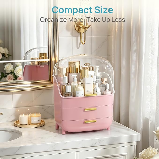 Vtopmart 3-Tier Skincare Makeup Organizer with Drawers and Lid for Vanity and Bathroom Countertop, Large Cosmetic Storage Box Case for Dresser, with Non-Slip Base, Pink