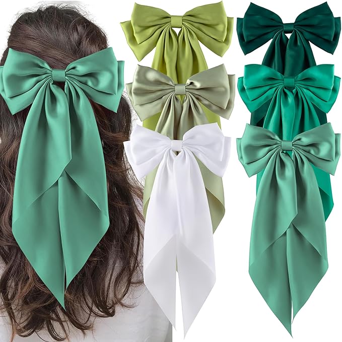 6Pcs Large Bows Hair Clips for Women Girls Long Tail Hair Ribbon Silky Satin Barrettes Coquette Bows Accessories (Black/Blue/Green/White)