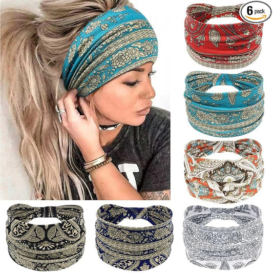 Awumbuk Wide Headbands for Women Knotted No Slip Head Bands Soft Turban Headband Hair Accessories Boho African Solid Color Head Wraps for Women Yoga Workout Pack of 6