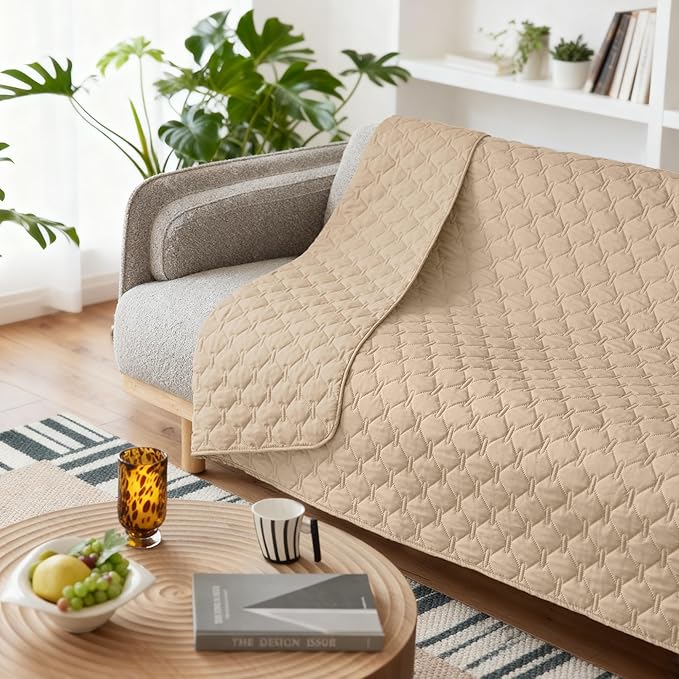 gogobunny 3X Stronger Waterproof Pet Blanket, Scratch Proof Furniture Protector for Dogs Cats, Reversible Cover 68x82 Inch, Dark Beige