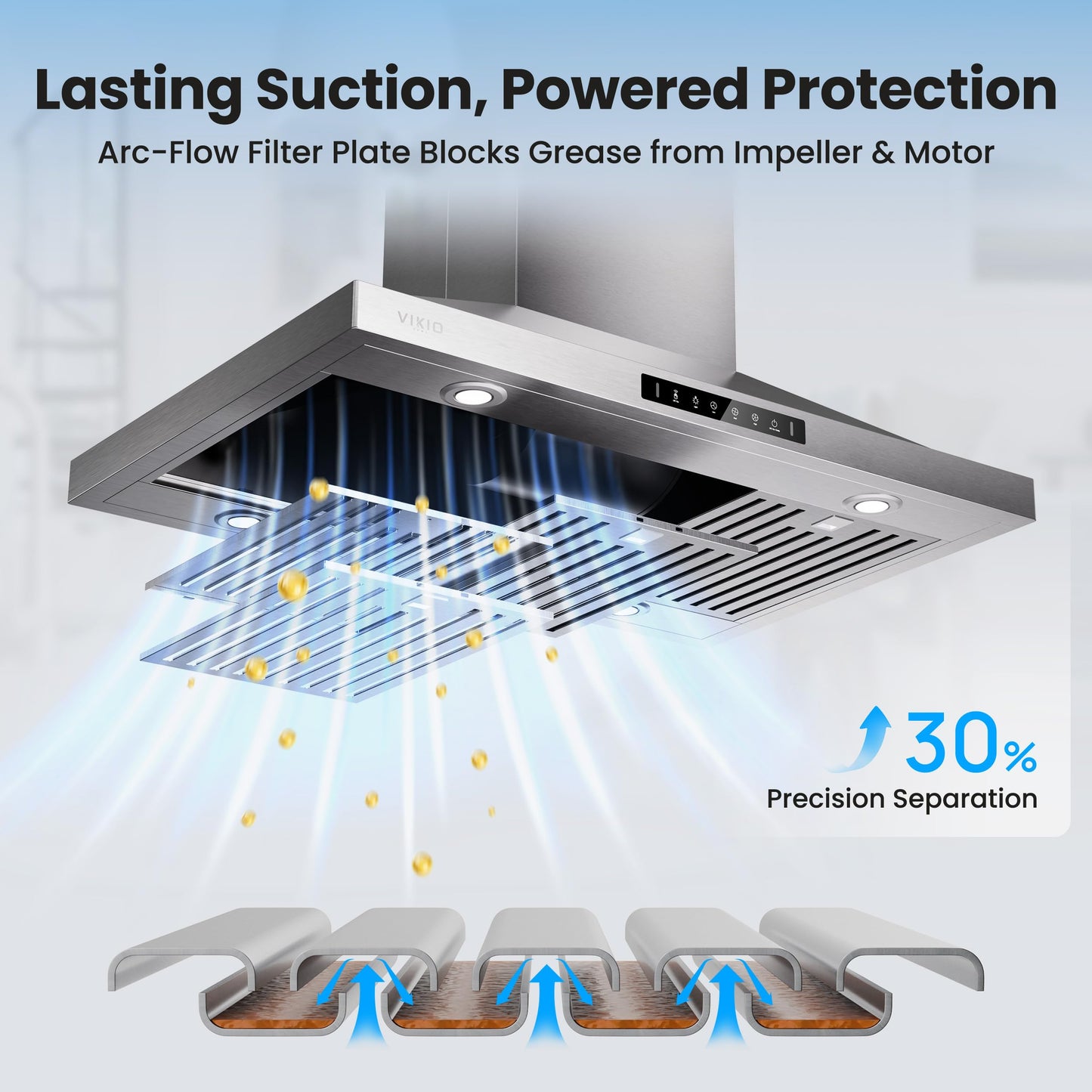 VIKIO HOME 30 Inch Island Range Hood, 390 CFM kitchen Hood with Dual-Sided Touch/Gesture Control, Convertible Ducted/Ductless, Ceiling Mount, 3 Stainless Steel Baffle Filters, 3-Speed Fan