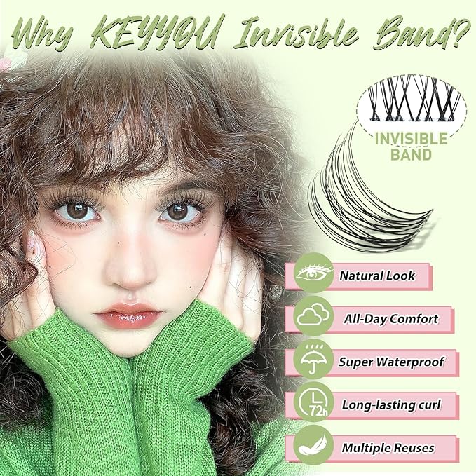 KEYYOU Venus Lash Clusters C Curl Fairy Lash Extension Eyelash Extension Wispy Natural Invisible Band Lash with Waterproof DIY Lash Extension at Home(Venus-C-16MM)