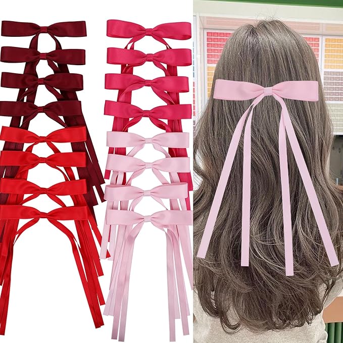 Hair Bows Clips Coquette Ribbon Bowknot with Long Tail Princess Hair Bows French Barrettes Hair Accessories for Women Girls 16PCS (Red, Rose red, Wine red, Pink)