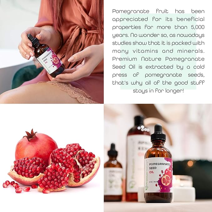Premium Nature Pomegranate Seed Face Oil. 100% Pure Unrefined Cold Pressed for Essential Oils. Gua Sha Oil. Oil for Hair Skin and Nails 4 oz