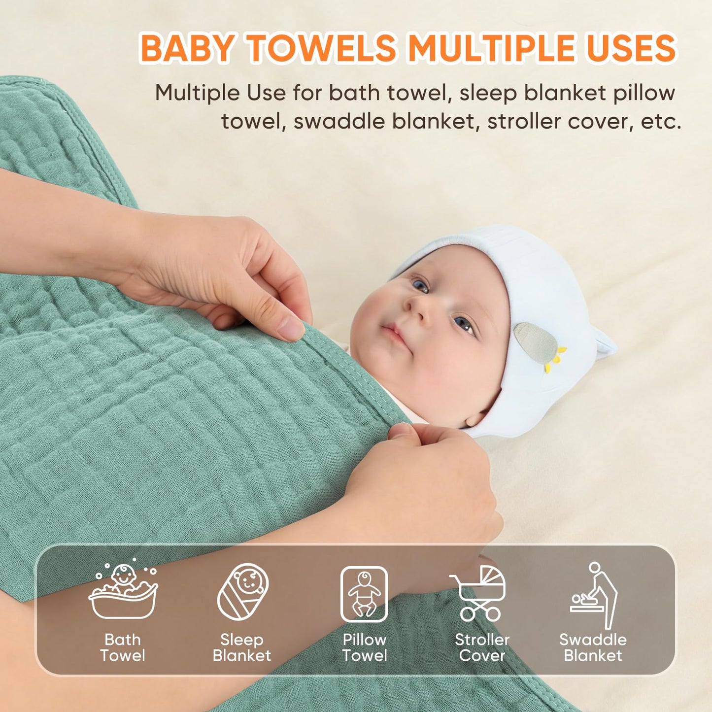 MIGIOL Muslin Hooded Baby Towels 100% Cotton ，Super Soft Muslin Baby Bath Towel - 32 x 32 Inches, Suitable for Newborn and Young Children up to 3 Years Old. (Grey & Green)