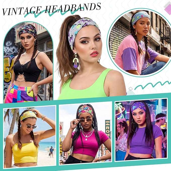 obeoby 8 Pack 80s Print Neon Headbands for Rave Outfits Women, 90s Retro Accessories Sport Hairbands for Party Style Festival Outfits Running Cycling