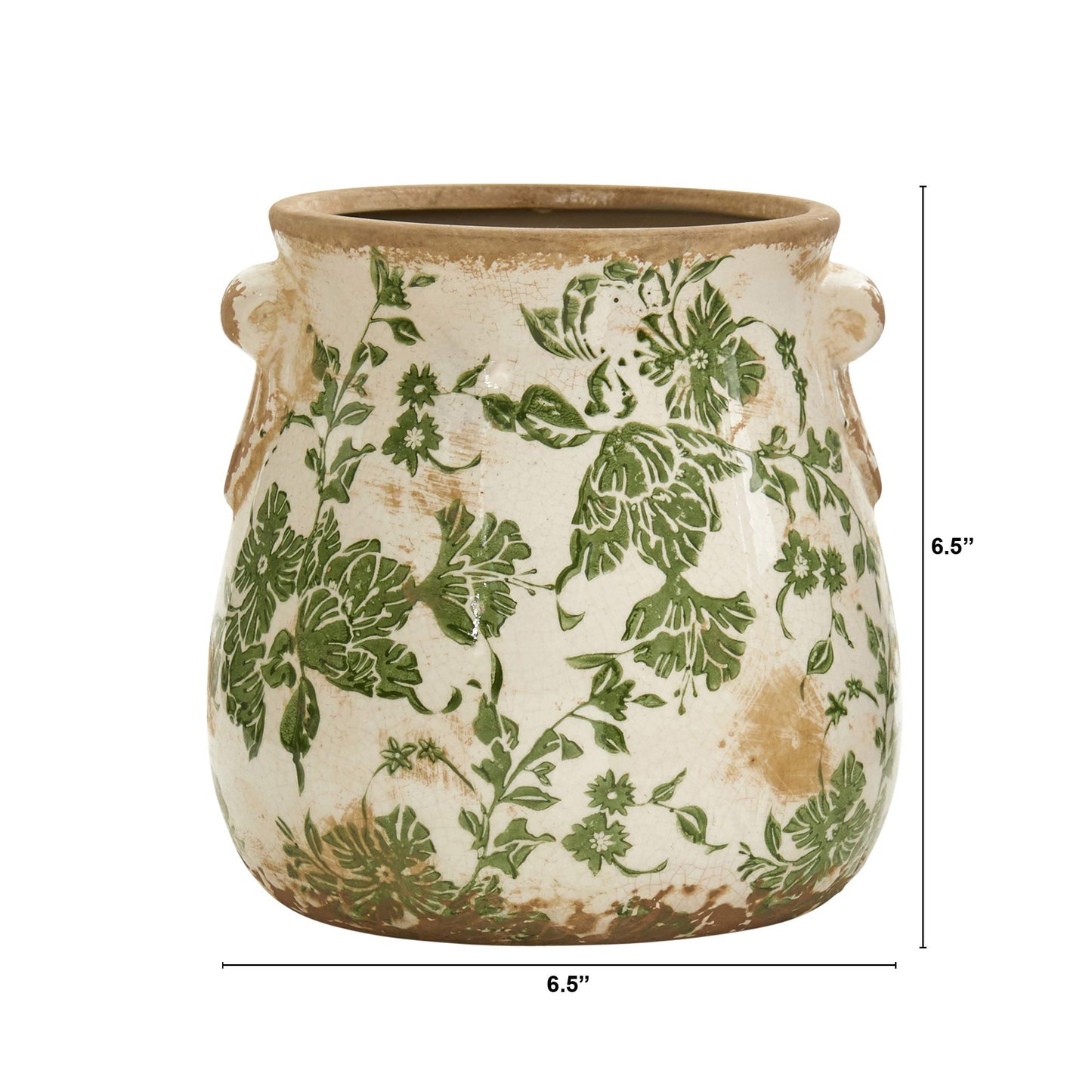 Nearly Natural 6.5in Ceramic Decorative Vase Tuscan Style Green Floral Scroll Design for Indoor Home Decor Centerpieces Tables Small Flower Vases
