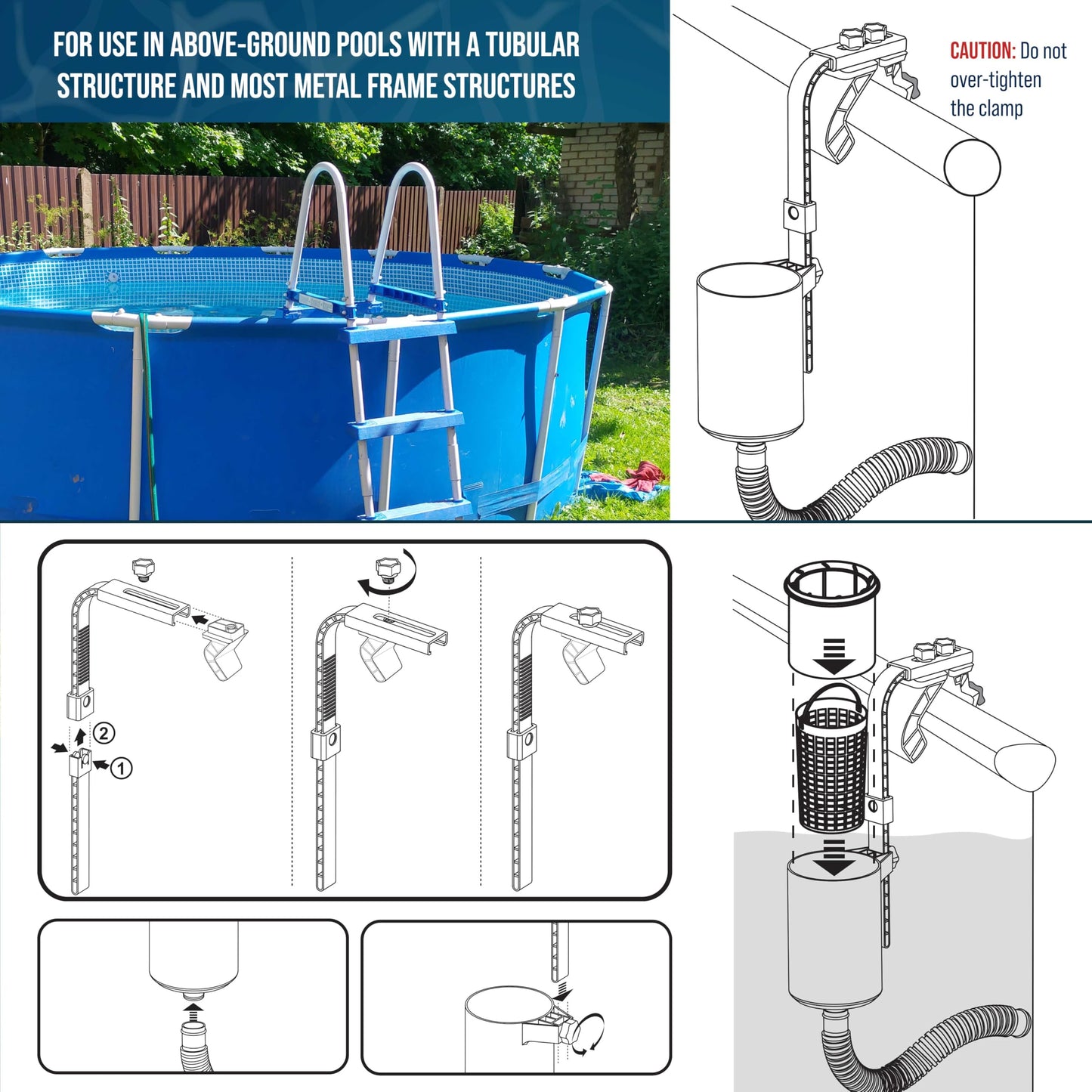 U.S. Pool Supply Pool Skimmer - Above Ground Pool Skimmer, Floating Surface Skimmer, 5 Adapters, Pool Accessories - Clean Dirt Basket, Wall Mount, Attach to Inflatable Collars, Tubular, Metal Frames