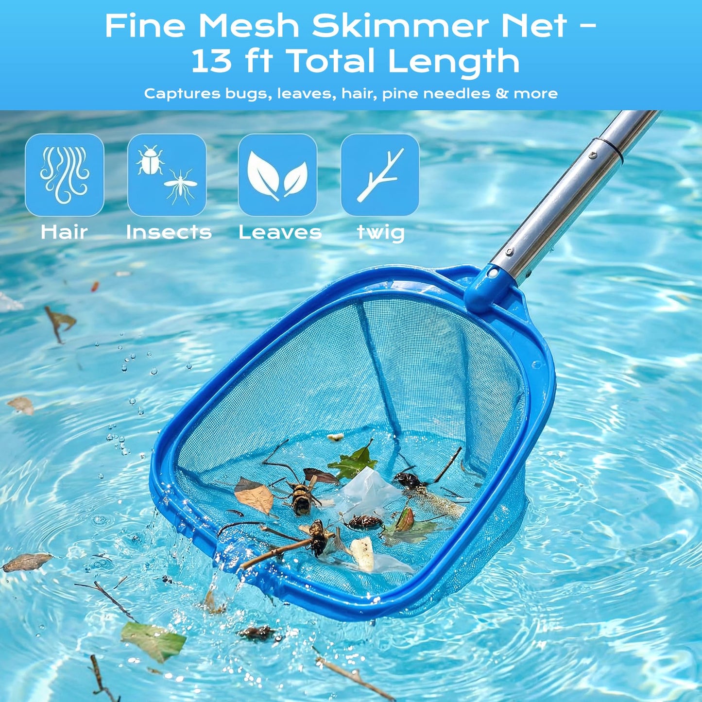 Pool Cleaning Kit with Telescopic Pole, Pool Net with Pole & Dual Skimmers – Premium Pool Accessories for Inground Pools