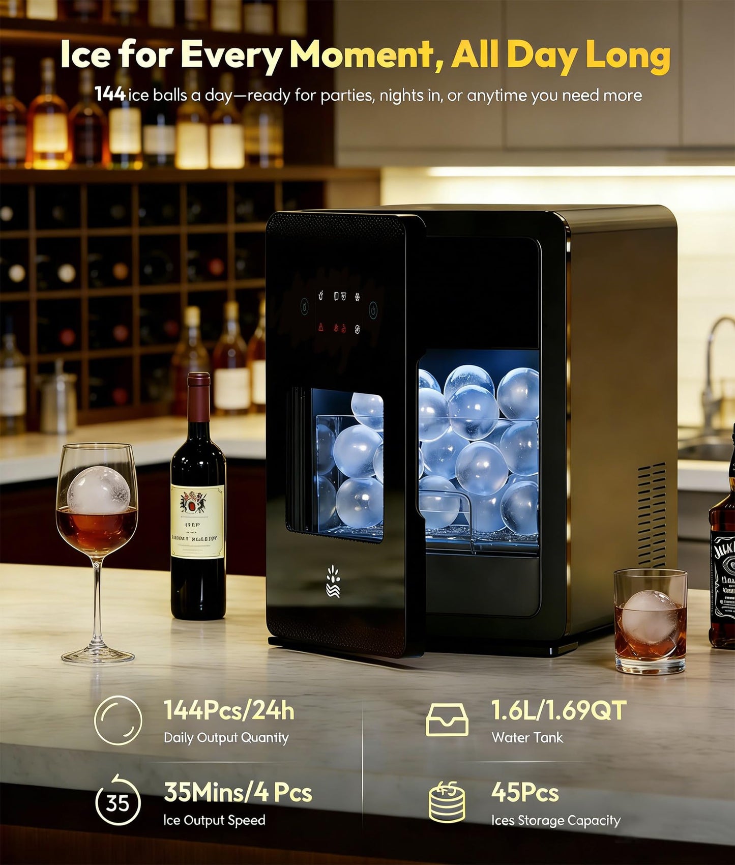 EXNOS 2" Ice Ball Maker - 4 Ice Spheres in 35min, 144pcs/24H, Sphere Ice Maker with LED Quiet Panel, Auto/Manual Water Fill, LED Panel, Self-Cleaning Clear Ice Maker for Cocktail Whiskey Bourborn