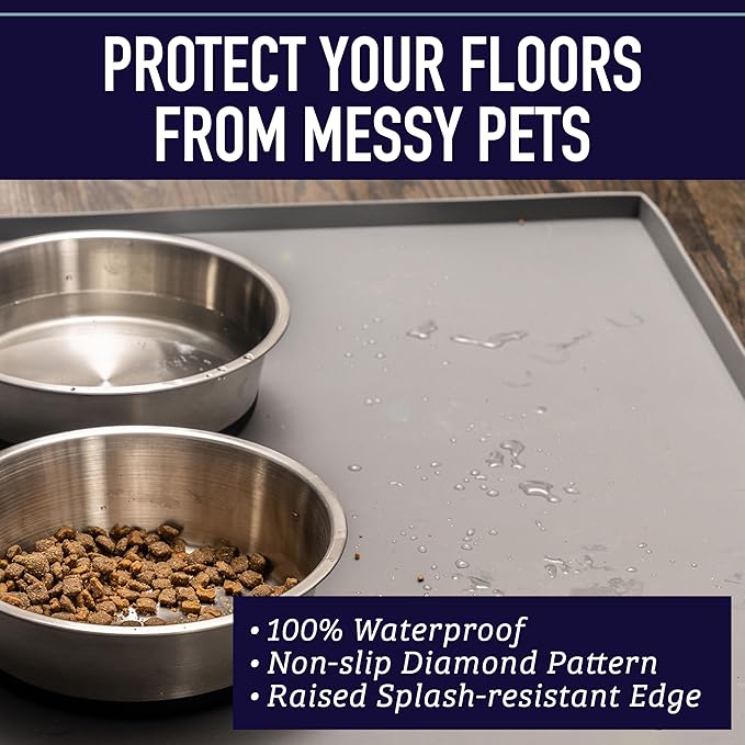 Leash Boss Dog Food Mat - Waterproof Cat & Dog Bowl Mat for Food and Water, Silicone Pet Feeding Mats for Floors, Non-Slip Placemat with High Edges, Puppy Essentials (XXL: 30"x22", Beige)