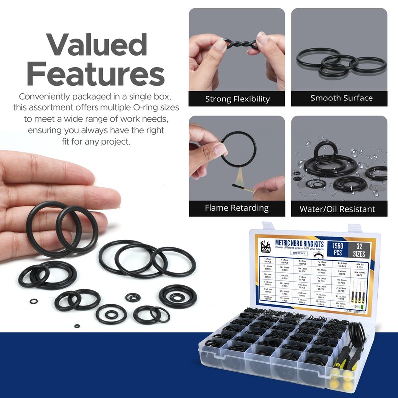 O Ring Kit - 1560 Pcs 32 Size - Nitrile Rubber O Rings Assortment Kit + 4 Hook Set & Grease Tube – for Automotive, Plumbing, Pressure Washer, Air or Gas Sealing Connections (O Rings 1560 Pcs)