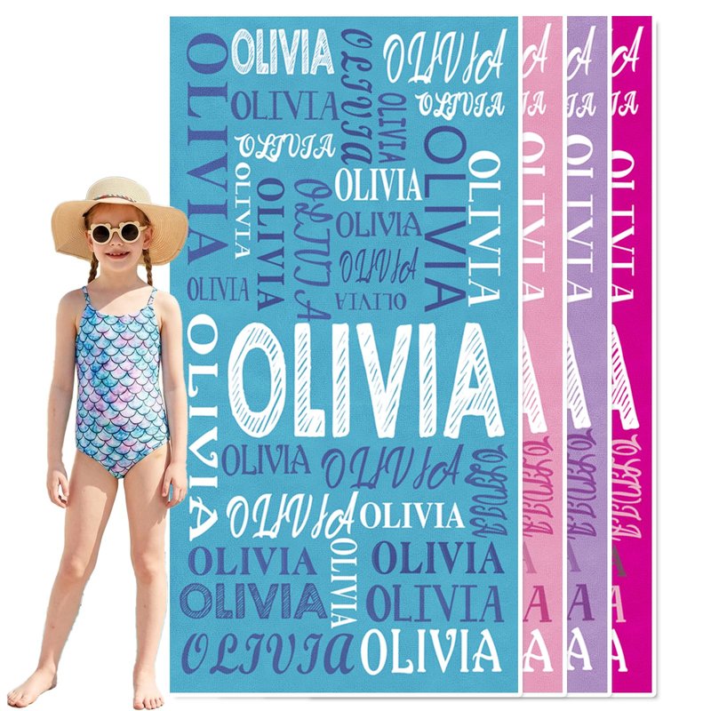 Jecivila Personalized Beach Towel with Name, Custom Microfiber Beach Towels for Kids & Adults, Sand Free Quick Dry Oversized Bath Towel for Pool Swim Travel Camping Summer Vacation Birthday Gift