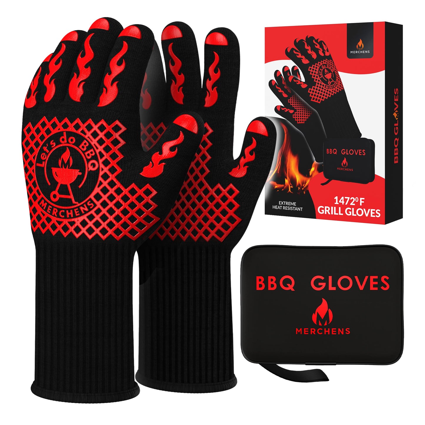 BBQ Grill & Oven Gloves 1472°F Heat Resistant – Fireproof, Non-Slip Silicone Mitts for Grilling, Smoking & Baking – Extra-Long Protection – Includes Storage Case & Luxury Gift Box | Pro Series