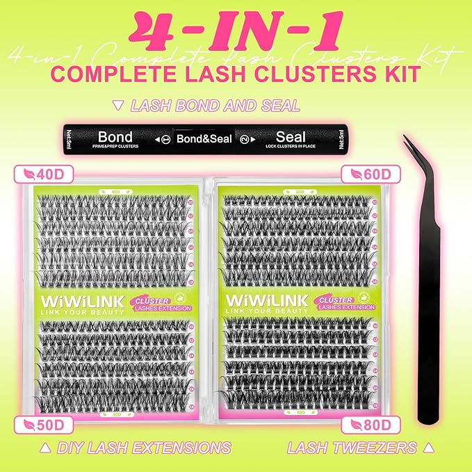 Lash Clusters Kit 40D+50D+60D+80D Individual Lashes 468PCS D Curl 10-18mm DIY Eyelash Extension Kit with Cluster Lash Bond & Seal and Applicator for Eyelashes Extension Beginners