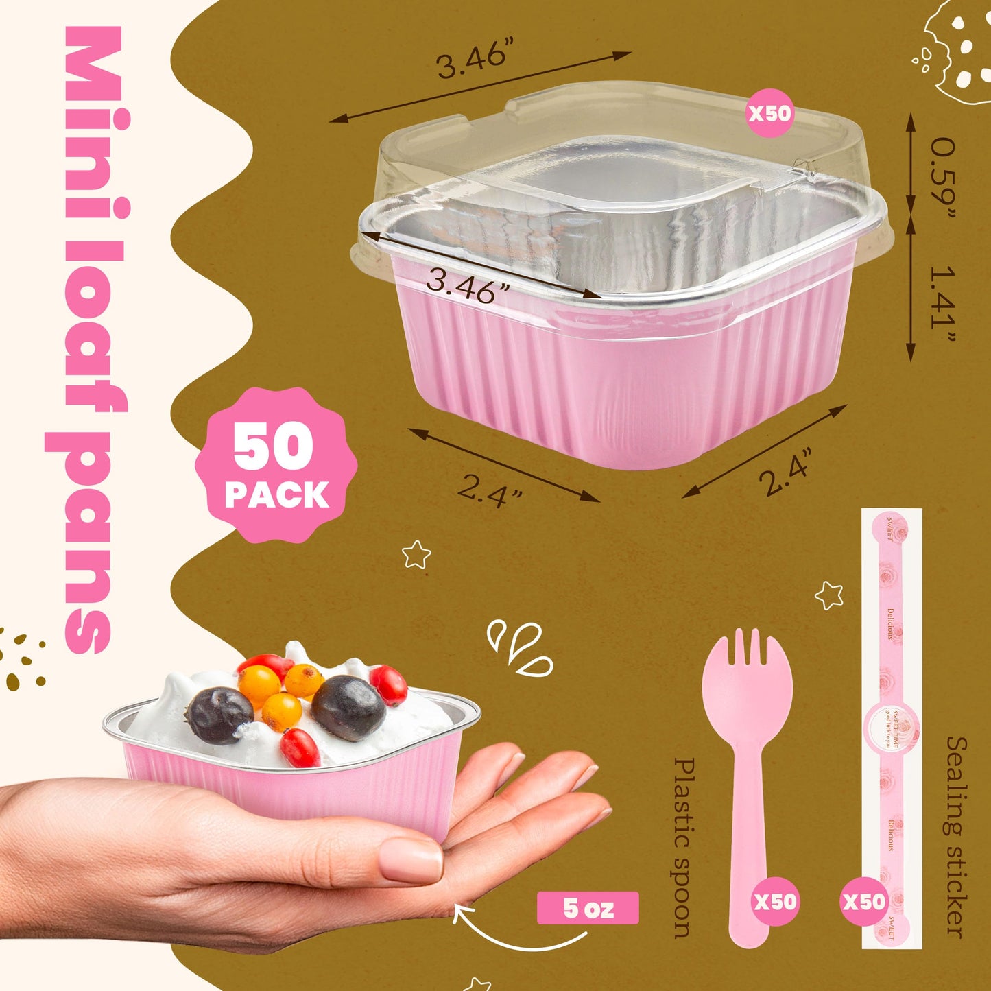 NPLUX 50 Pcs Mini Cake Pans with Lids and Spoons Aluminum Foil Mini Square Baking Cups with Lids Disposable Ramekins Cake Pans Dessert Cups for Wedding Birthday Party(Pink,5oz)