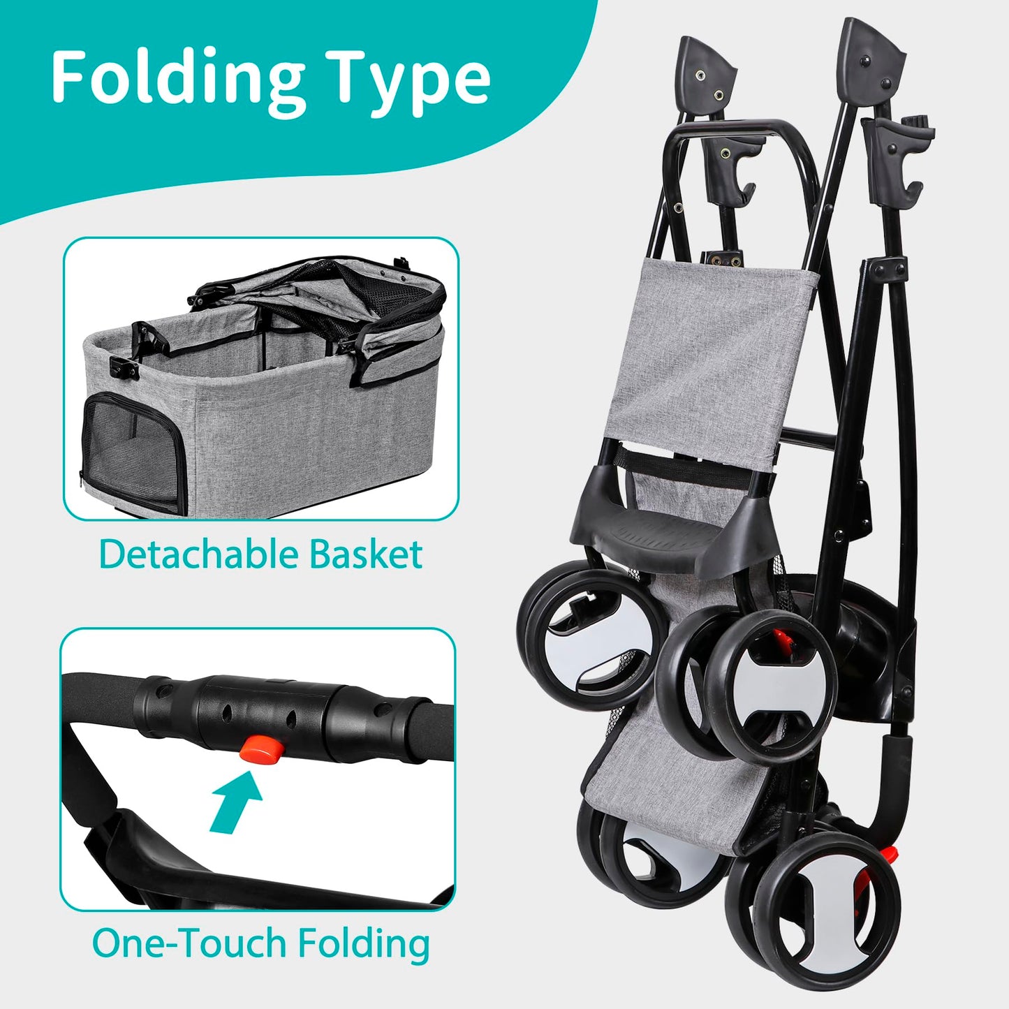 Epetlover 4 Wheels Dog Stroller with Detachable Carrier Folding Pet Strolling Cart for Small Medium Cats Puppies with Storage Basket Cup Holder, Gray