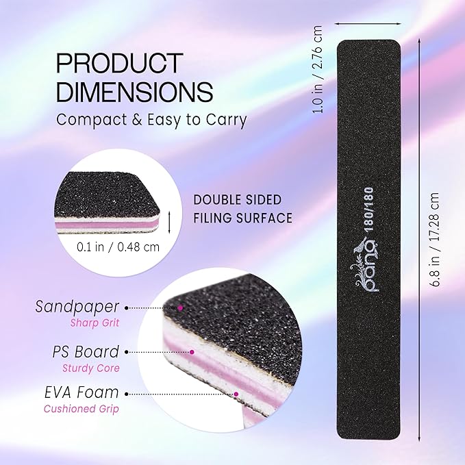 10PCS Jumbo Size PANA Professional Double Sided Nail Files - Black, 180/180 Grit - Emery Board Nail Buffering File Manicure Pedicure Nail Polisher Washable