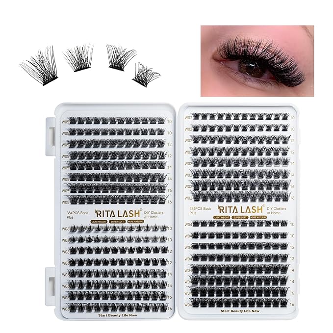 RITALASH Lash Clusters 384pcs 4 Style DIY Cluster Lashes Clusters Eyelash Extensions 10-16mm False Eyelashes Individual Lashes Wispy Lash Extension Natural Look(W02+W04+W05+W06 Lashes)