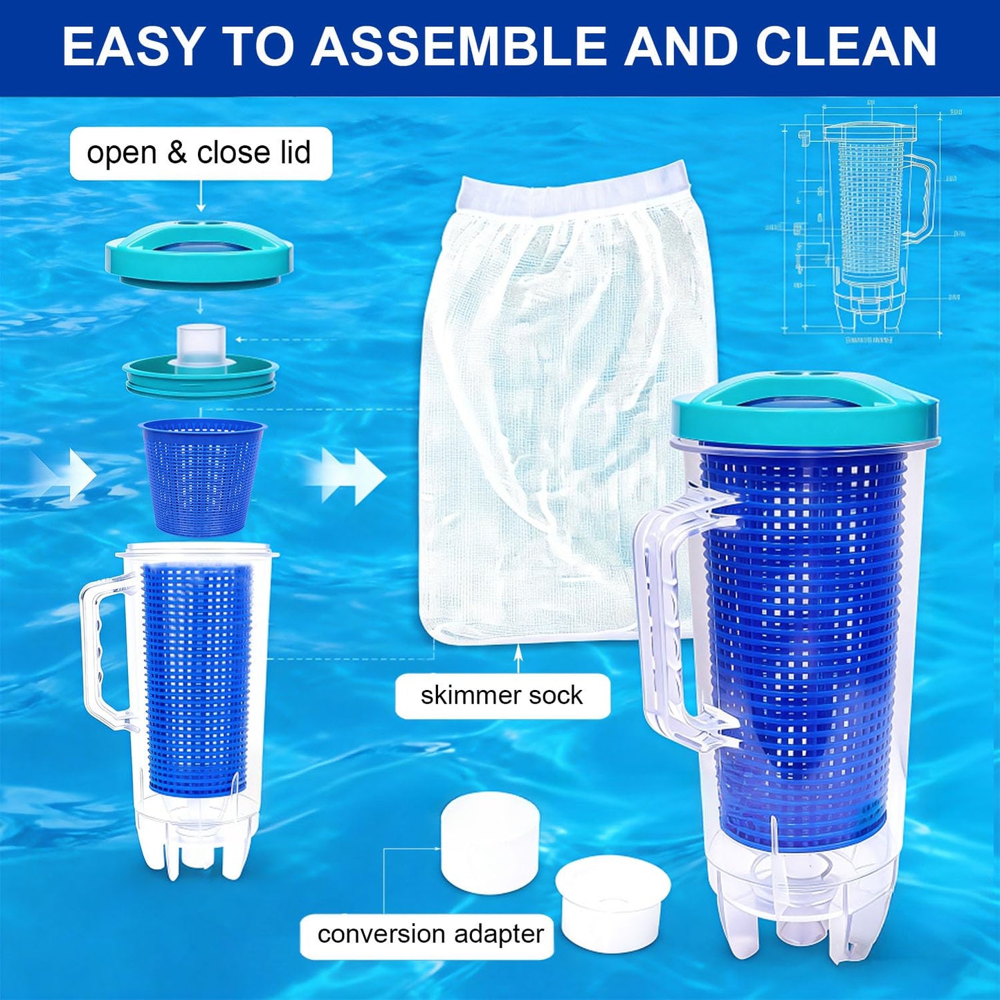 Wuples Pool Leaf Catcher,Large Inline Pool Leaf Canister for Pool Vacuum with 6 Skimmer Socks & Basket,Compatible with Hayward Pentair Pool Cleaners,Inground Pool Leaf Trap Debris Catcher Replacement