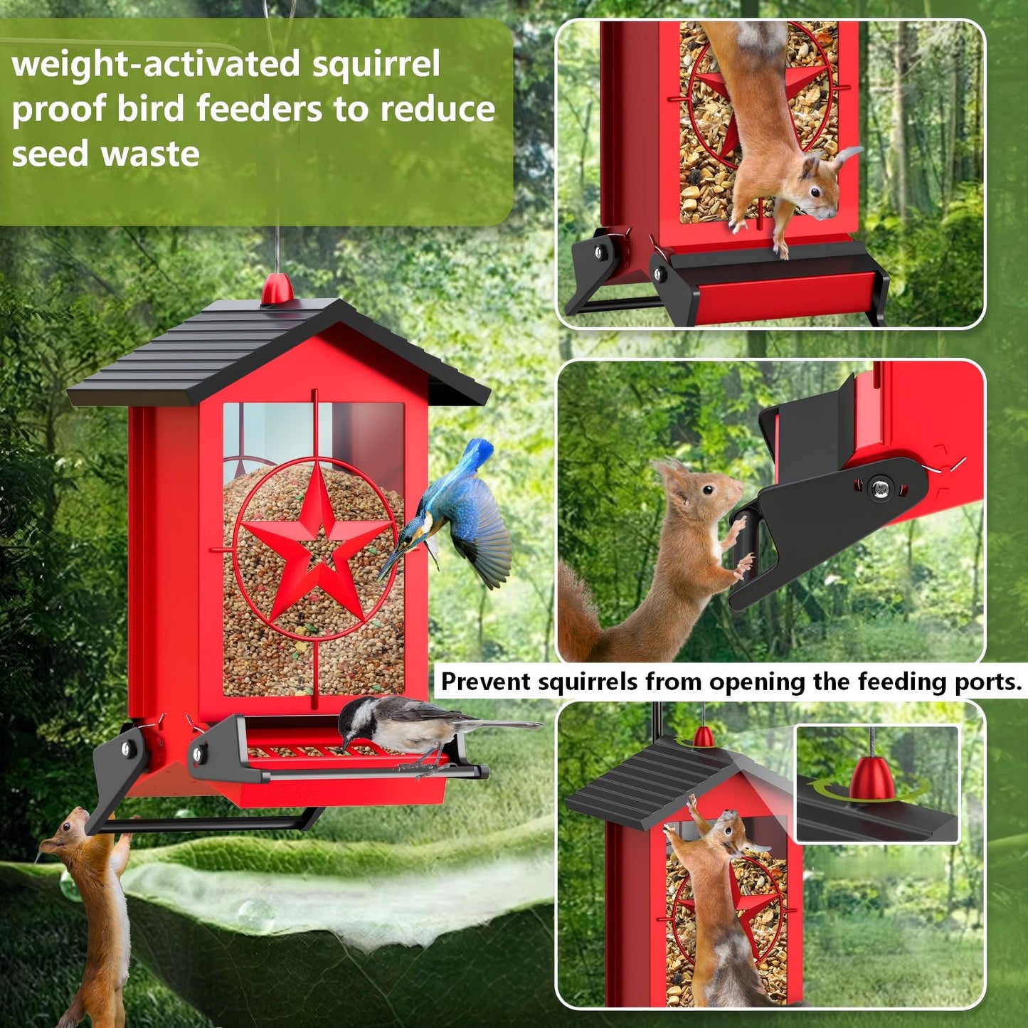 Squirrel Proof Bird Feeders for Outdoors with Weight-Activated, Metal 5LB Large Wild Bird Feeders for Cardinals,Blue Jay,Finch, Weatherproof Durable Hanging Bird Feeder for Backyard,Garden (Red)