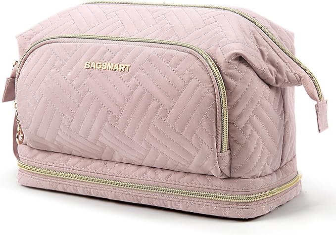 BAGSMART Travel Makeup Bag, Cosmetic Bag Make Up Organizer Case, Dorm Room Essentials Large Wide-open Pouch Women Travel Essentials Double Layers Purse for Toiletries Accessories Brushes Pink