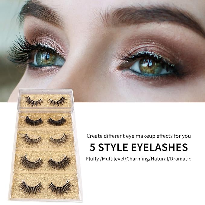 DYSILK False Eyelashes Fake Lashes - Eyelashes Natural Look 5 Pairs 6D Lashes Mink Eyelashes 5 Styles Mixed Fluffy Lashes Reusable Fake Eyelashes Wispy Mink Lash Natural Look| 15mm-18mm