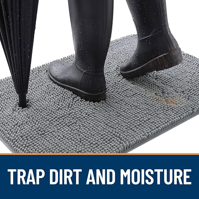 OLANLY Dog Door Mat for Muddy Paws 30x17, Absorbs Moisture and Dirt, Absorbent Non-Slip Washable Doormat, Quick Dry Chenille Mud Mat for Dogs, Entry Indoor Entryway Carpet for Inside Floor, Grey
