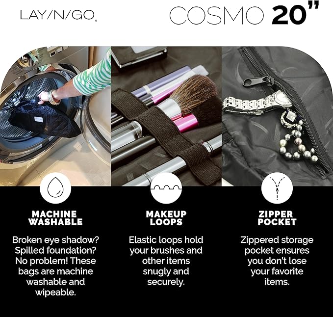 Lay-n-Go Cosmo Layflat Drawstring Cosmetic & Makeup Bag Organizer w/Zipper Pocket, Brush Loops & More, Cinch to Close, Lay Flat to Use, Durable, Machine Wash, Travel Toiletry Bag (20", Navy)