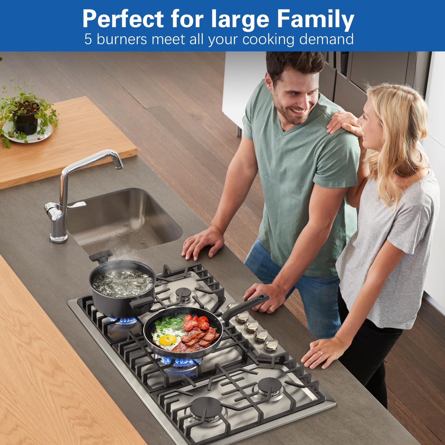 Amzgachfktch Gas Cooktop 36 inch with 5 Italy Sabaf Sealed Burners, Max 48,300 BTU Built-in Gas Stove Top, Propane Cooktop with 304 Stainless Steel Panel, NG/LPG Convertible, CSA Certified