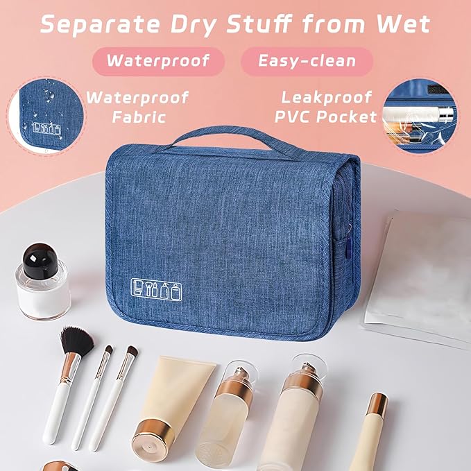 Toiletry Bag Travel Bag with Hanging Hook, Waterproof Capacity Hanging Multifunctional Makeup Bag for Toiletries, Portable Cosmetic Bag Travel Organizer for Women and Men(Navy Blue)