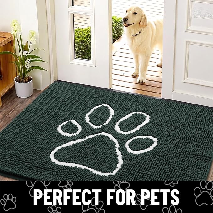 Smiry Dog Door Mat for Muddy Paws, Absorbent Dirt Trapper Non Slip Quick Dry Washable Chenille Mat for Mud Dogs, Entry Rug for Indoor and Outdoor (59x35 Inches, Green and White)
