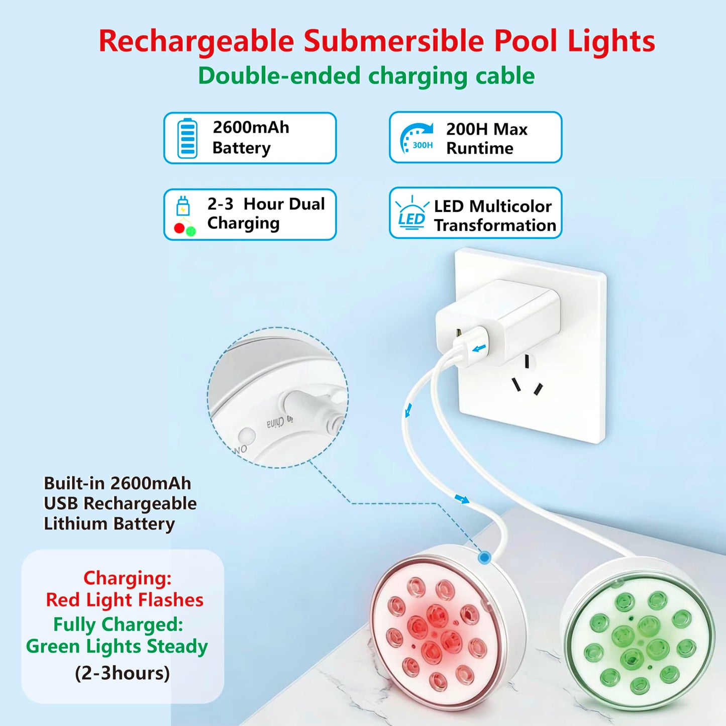 Upgraded Magnetic Pool Lights for Above ground and inground pool, Rechargeable Underwater RGB 16 Colors Submersible LED Lights with Remote & Timer Off, for Hot Tubs, Fountains, Party, Vase - 2 Pack