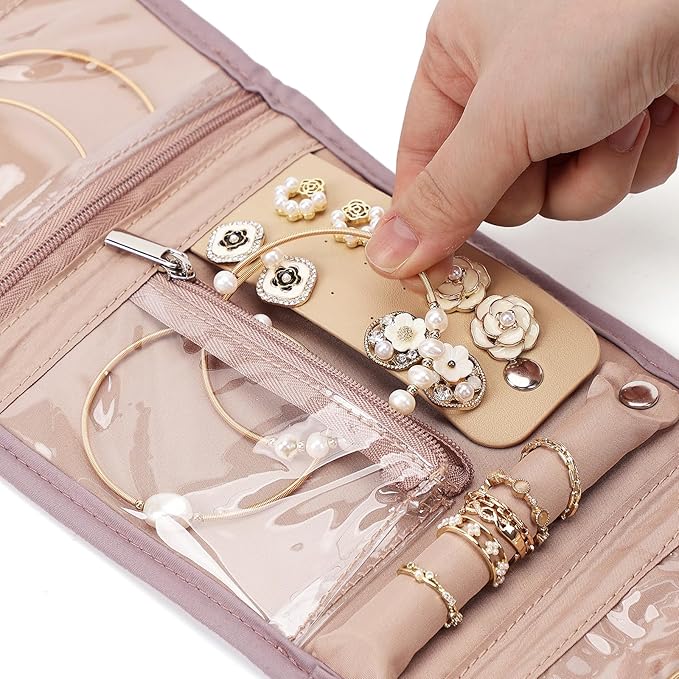 BELALIFE Travel Jewelry Case Organizer, Small Foldable Storage Roll for Earrings, Necklaces, Rings, Bracelets, Brooches, Peach-Pink