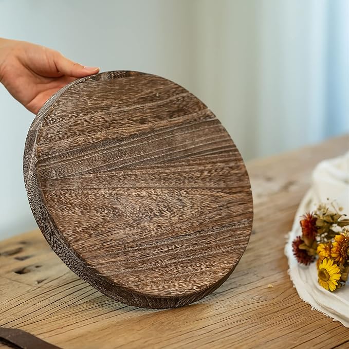 Romadedi Farmhouse Wooden Candle Tray - 11 Inch Round Decorative Trays for Coffee Table Dining Centerpiece Kitchen Counter Candle Holder Wood Trays for Christmas Rustic Home Decor