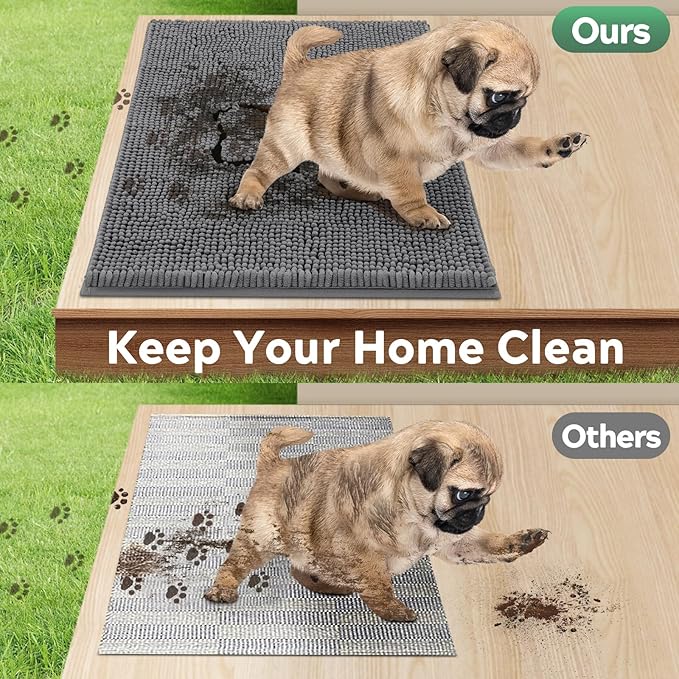 Dog Door Mat for Muddy Paws, Pet Rug Chenille Absorbent Outdoor Doormat 30"x 20", Non Slip Heavy Indoor Doormat Soft Front Inside Doormats for Entryway, Mud Paws, Patio,Dog Paw Black Grey